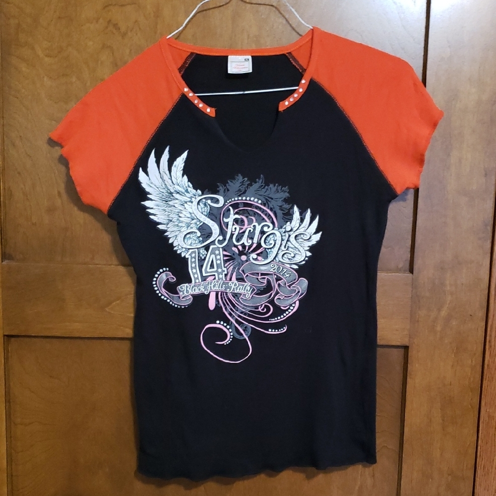 Sturgis Bike Rally 2014 cap sleeve vee neck crystal tee-never worn.Bin#13
